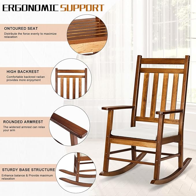 Outvita Outdoor Rocking Chair, Solid Wood High Back Rocker, All Weather Lounge Chair with Padded Cushions for Porch Patio Fire Pit Garden Backyard Deck Indoor, Natural