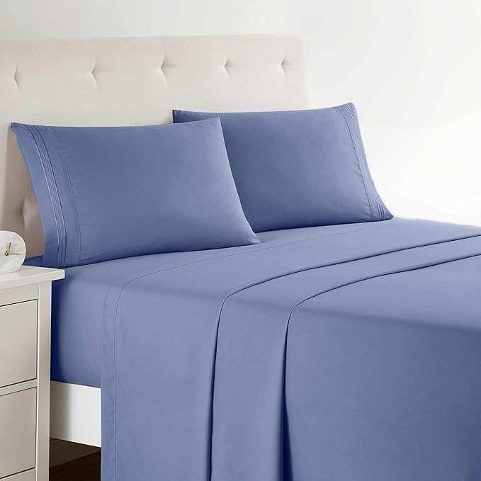 Clara Clark Bed Sheets, Premier 1800 Series 4 Piece Bed Sheet Set, Deep Pocket, Wrinkle, Fade, Stain Resistant, Luxury Soft Bedding Sheets & Pillowcases, Split King, Steel Blue