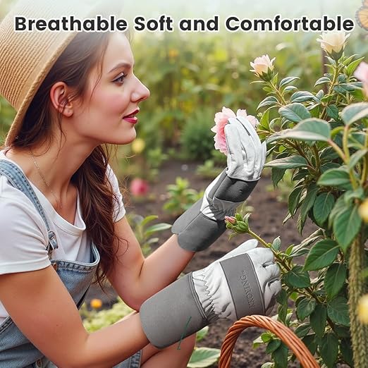 Gardening Gloves, Long Thorn Proof Garden Gloves for Women and Men, Goatskin Breathable Leather Work Gloves for Gardening, Pruning, Yard Work, Grey, L