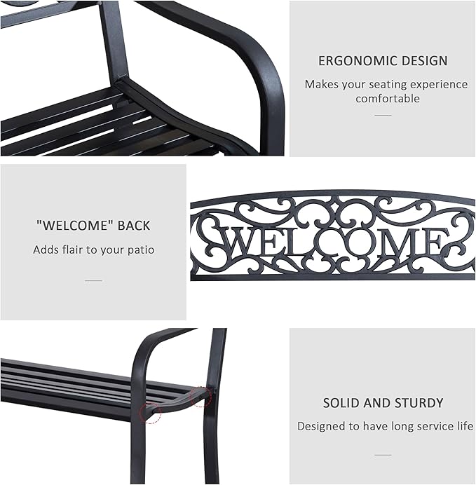Outsunny 50" Outdoor Metal Welcome Bench, Garden Bench with Slatted Seat, Patio Bench for Park, Porch, Yard, Entryway, Black