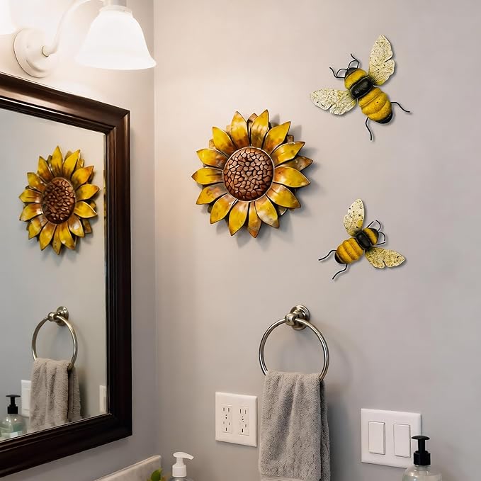 Metal Bee Outdoor Wall Decor - 2Pcs Bee Wall Art Garden Decor, Bumble Bee Decorations for Home, Yard Art Fence Decorations Outdoor