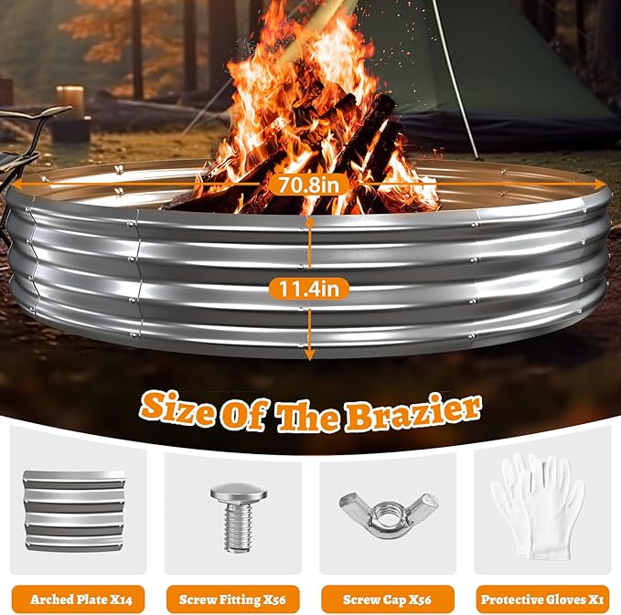 Large Metal Fire Pit Ring/Bonfire Fire Ring- 6 FT Diameter, 0.7 MM Thick,1 ft High, Durable and Stylish for Outdoor Fire Pits,Patios and Camping (Silver, 6X6X1 ft)