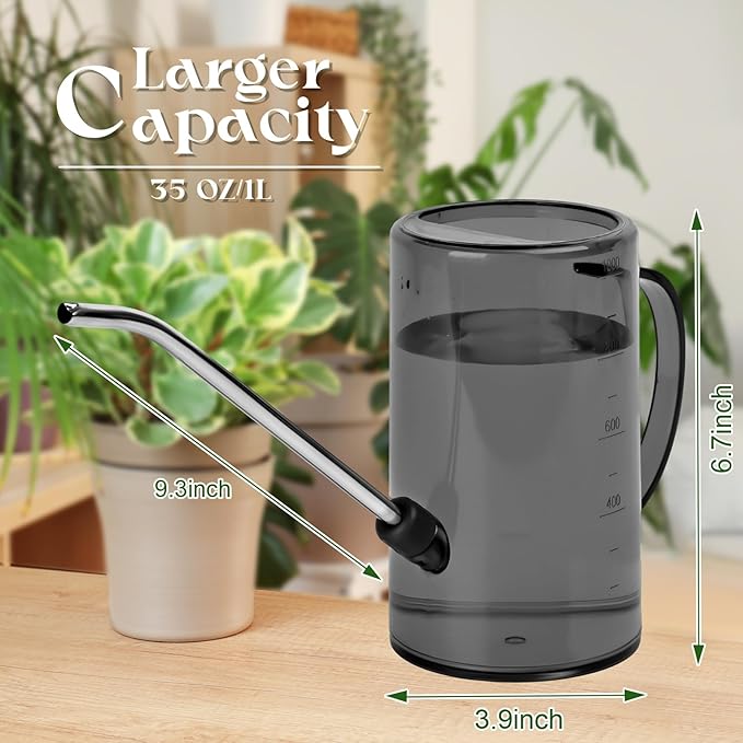 Small Plastic Watering Can - for Home Garden - with Long Spout - 1/4 Gallon - 34 Oz - Grey