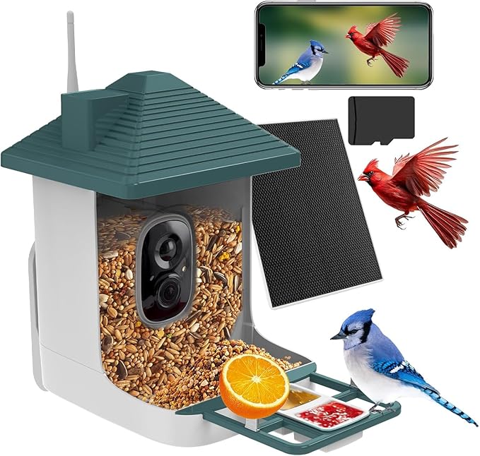 Bird Feeder with Camera,Smart Watching Birds,AI Identify Species with Solar Panel,Auto Record 2K HD Capture Video Live,2L Large Capacity,Ideal Gifts for BirdLover (Green+64G Card)