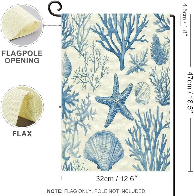 Coastal Nautical Garden Flag Double Sided Burlap 12×18 Inch Coral Reef Pattern with Starfish Shells And Corals Spring Summer Season Garden Flags Yard Flag Seasonal Outdoor Décor for Yard Farmhouse