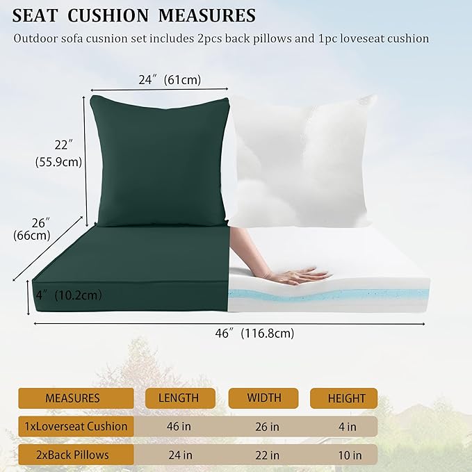Outdoor Loveseat Cushion Set for Patio Couch/Sofa, 46 x 26 Inch Waterproof & Fade Resistant Patio Furniture Chiar Cushions with Removable Cover (Dark Green, 46''Lx26''Wx4''H-Loveseat Cushion Set)