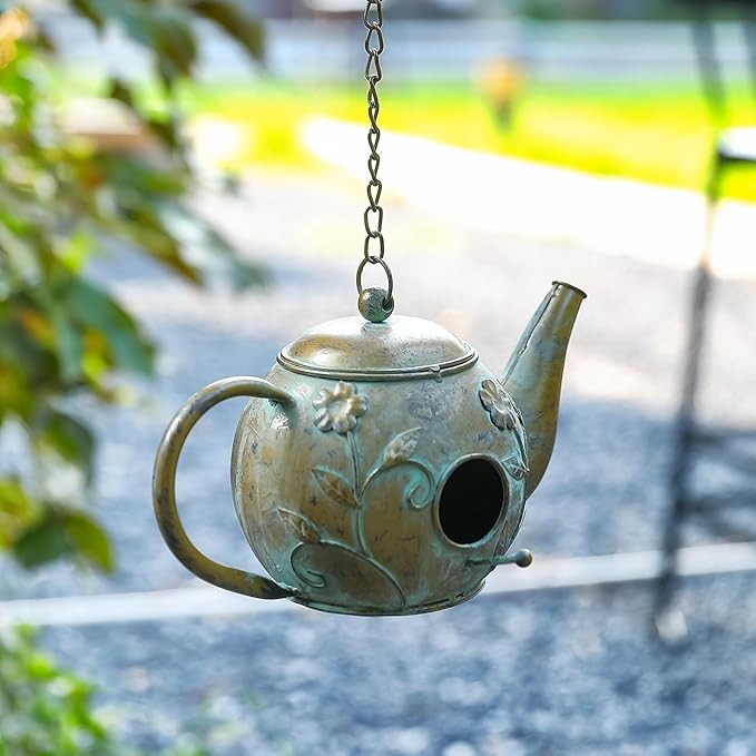 Bird House, Teapot Hanging Bird House, Metal Bird Houses for Outside, Antique Cute Birdhouse, Unique Decorative Birdhouses for Outdoors Garden Patio Yard Lawn Backyard Decor