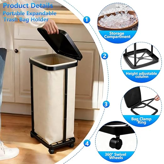 Foldable Trash Bag Holder with Cover and 4 Wheels - 3 Level Adjustable Height Plastic Trash Bag Holder,13 Gallon Trash can, for Kitchen Camping Yard RV Indoor Outdoor