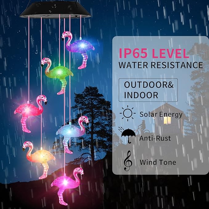 Solar Wind Chimes Flamingo,Birthday Gifts for Mom Grandma Dad, IP65 Waterproof Memorial with 7 Color Changing LED Lights, Outdoor Decor Garden Yard Decorations