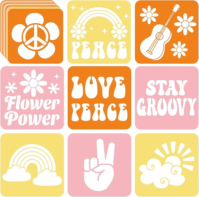 36pcs Groovy Hippie Drawing Stencils for Kids 8 Inch Sidewalk Chalk Stencils Painting Spring Gifts Large Washable Reusable Retro Boho Themed Primary Shape Template for Kids Toddlers Preschool