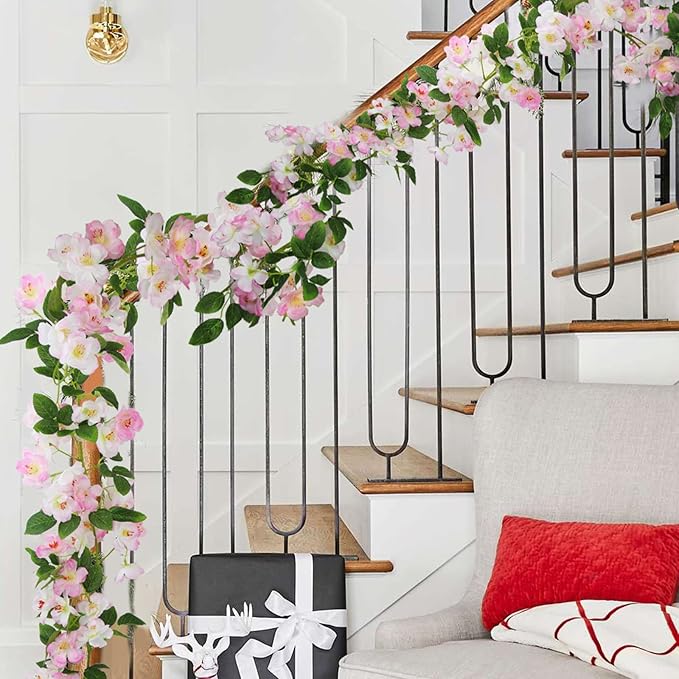 CISDUEO Artificial Cherry Blossom Flower Vine Pink Hanging Cherry Blossom Flower Silk Garland Hanging Vines Faux Flowers for Outdoors Spring Wedding Party Home Table Centerpiece Arrangement Decor