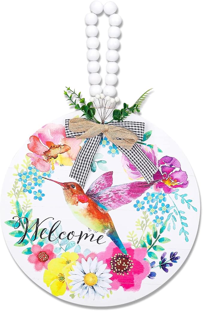 Welcome Spring Hummingbird Sign for Front Door Decor, Floral Flowers Summer Door Hanger for Outside Porch, Seasonal Farmhouse Wooden Welcome Sign Indoor Wall Hanging Decoration