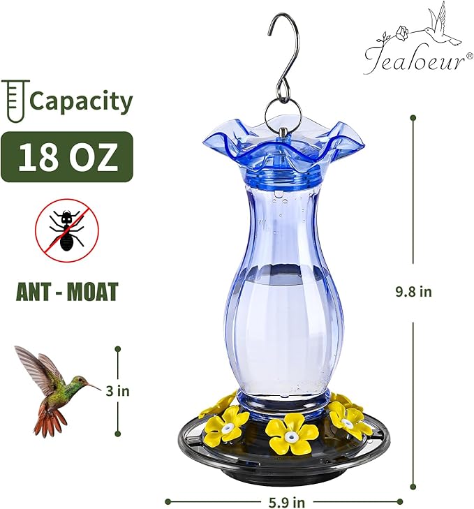 Hummingbird Feeder for Outdoors Hanging, 18 OZ Humming Birds Feeders with 6 Bee Guard Feeding Ports & Built-in Ant Moat, Easy to Clean, Durable Outdoor Garden Decor (Blue 1 Pack-C)