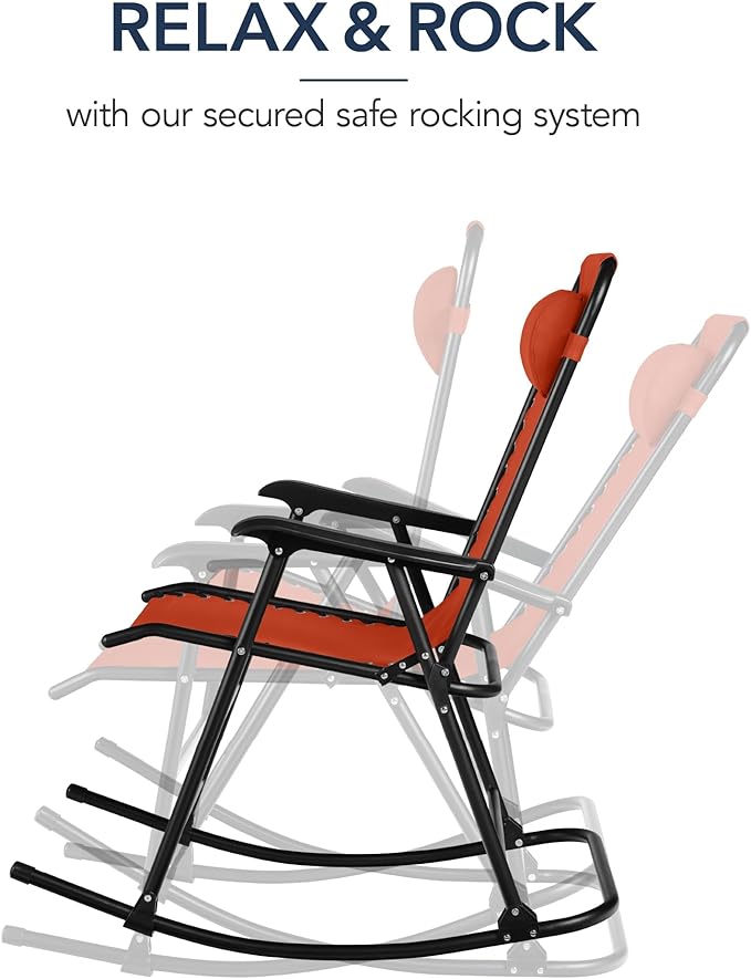 Best Choice Products Outdoor Folding Rocking Chair, Zero Gravity Lounge Chair, Patio Rocker w/Headrest Pillow - Burnt Orange