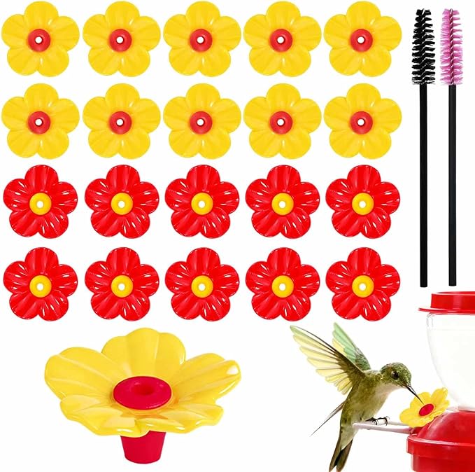 20 Pieces Hummingbird Feeder Replacement Flowers Plastic Hummingbird Feeders Parts Pet Bird Feeder Replacement for Outdoors Hanging Feeders Feeding Ports with 2 Cleaning Brush (Red + Yellow)