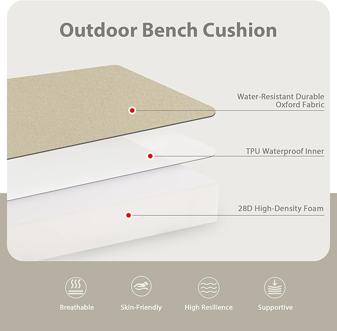 Favoyard Outdoor Bench Cushion 59 × 16 Inch Waterproof & Color Resistant Patio Benches Cushions for Garden Loveseat Swing Couch Furniture with Handle, Removable Cover and Adjustable Straps, Beige