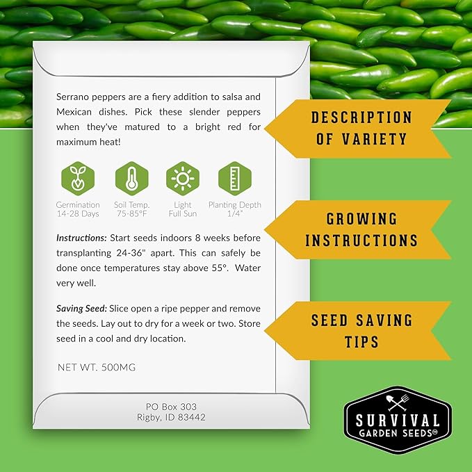 10 Pepper Seed Packs for Planting | Jalapeño, Serrano, Cayenne, Bell, Habanero, Cubanelle, & More – Hot & Sweet Heirloom Non-GMO Peppers Collection – Survival Garden Seeds