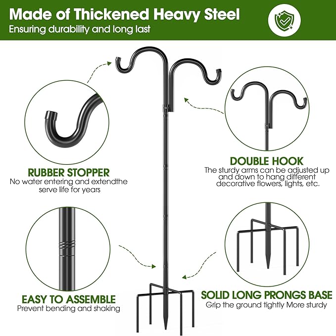 Double Shepherds Hooks for Outdoor,92" Heavy Duty Bird Feeder Pole with 5 Prong Base, Adjustable Shepherds Hook for Bird feeders Outside, Garden, Weddings, Hanging Plants, 1 Pack, Black