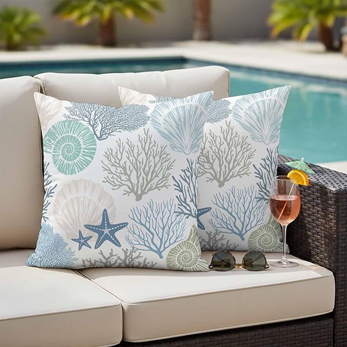 Blue Ocean Shells Coral Waterproof Pillow Covers Set of 2,Conch Starfish Marine Life Outdoor Pillow Protectors with Zipper Pillowcases for Patio Tent Garden Beach 24x24 Inches