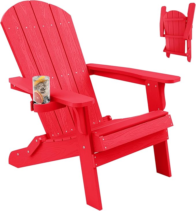 YEFU Adirondack Chair, Oversized Plastic Adirondack Chairs Folding Outdoor Chairs with Cup Holder, Lawn Chair with Weather Resistant for Outside Deck Lawn Garden, Weight Capacity Up to 400 Lbs(Red)