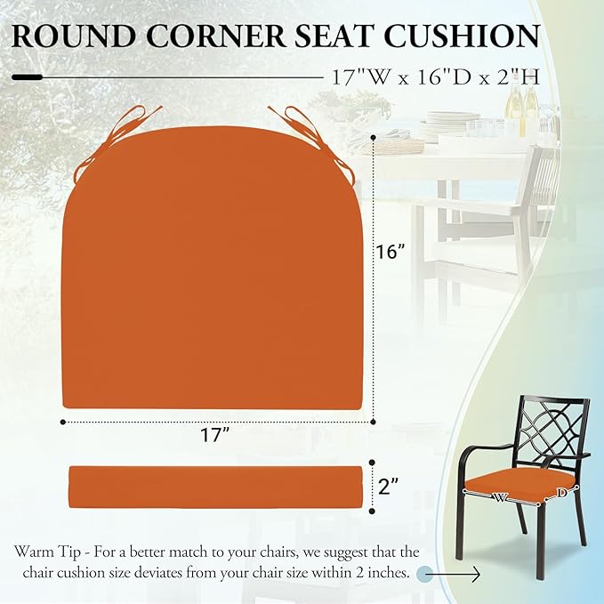 Wellsin Outdoor Chair Cushions for Patio Furniture, 3-Year Color Fastness Patio Chair Cushions Set of 6, Water Resistant Round Corner Outdoor Seat Cushions 17"X16"X2", Orange