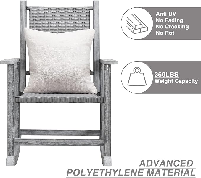 Rocking Chair Outdoor, Wicker Rocking Chair for Outside, Woven Seat & Back, All Weather Ratten Outdoor for Porch, Garden, Lawn, and Balcony (Grey)