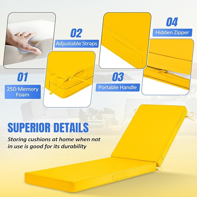 Basic Beyond Chaise Lounge Cushions Outdoor, 3-Layer Waterproof Outdoor Furniture Cushions with Removable Cover and 4 Ties, 72"x21"x3" Patio Lounge Chair Cushions for Outdoor Furniture, Yellow