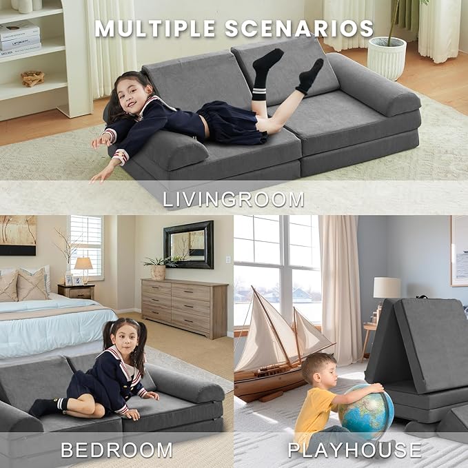 jela Kids Couch Safety Certified Play Couch Soft Kids Sofa with Machine Washable Cover Thick Foam Fort Building Set for Playroom Indoor 57x28x18 Inch (Corduroy, Darkgrey)