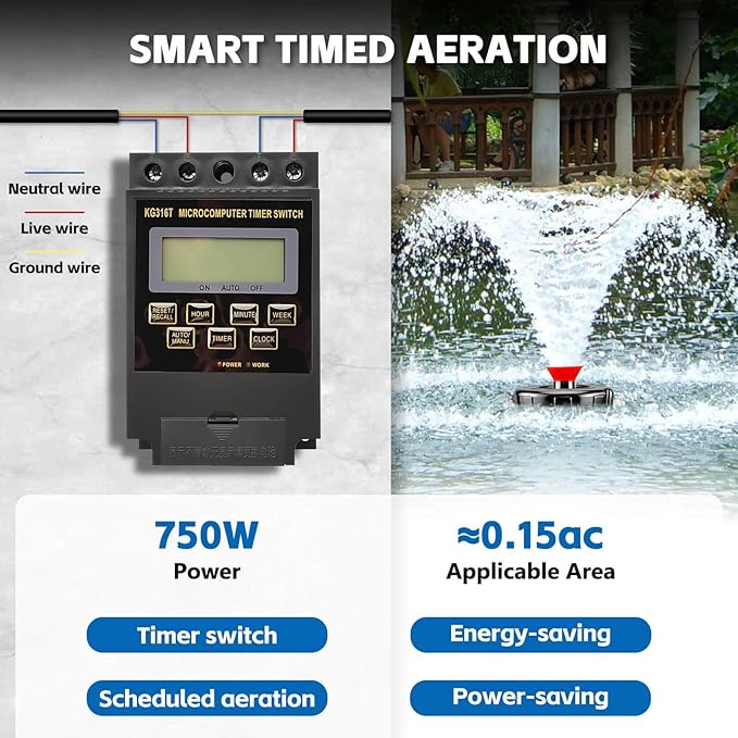RAMATA Pond Fountain Aerator 1HP 750W 110V/15000 GPH Floating Fountain Pump, 120FT Power Cord, Multifunctional time Controller, Stainless Steel Body, Aerator Pump for Small & Large Ponds and Lakes