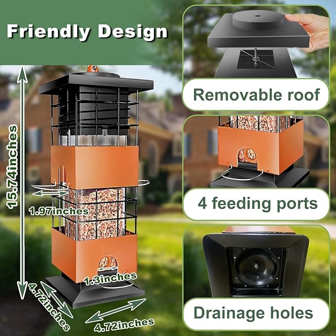 Squirrel Proof Bird Feeder,3Lbs Metal Birdfeeders Squirrel Proof with 4 Feeding Ports for Outside, Birds Seed Feeder for Outdoors, Cardinal, Finch, Sparrow (Brown)
