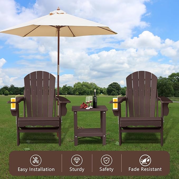 Folding Adirondack Chairs, HDPE Plastic Adirondack Chair with Side Table, Weather Resistant, Unfading, for Patio, Fire Pit, Balcony, Front Porch, Deck-Brown