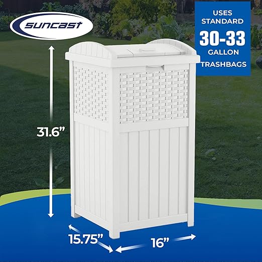 Suncast Hideaway Outdoor Trash Can with Lid - 30 Gallon Trash Can, White, Decorative Wicker-Style Garbage Bin, Weather-Resistant Resin, Fits 30-33 Gallon Bags, Ideal for Patio & Yard, Made in USA