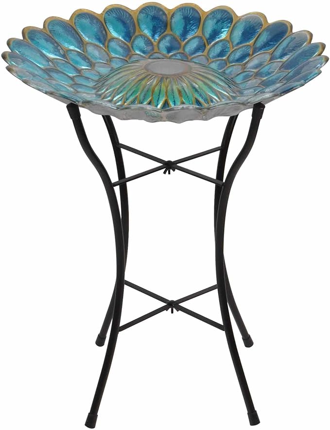 Peaktop Handpainted Mosaic Fusion Glass Solar Birdbath Bowl Feeder with LED Light for Outdoor Patio Garden Backyard Decking, 21 Inch Height, Blue
