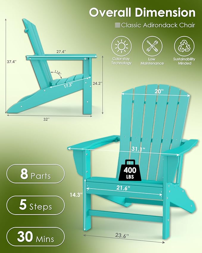 GREENVINES Adirondack Chairs Set of 2 | HDPE Plastic | Oversized Fire Pit Chair | All Weather | Aqua | Poly Lumber | for Outdoor Deck Backyard Patio Garden