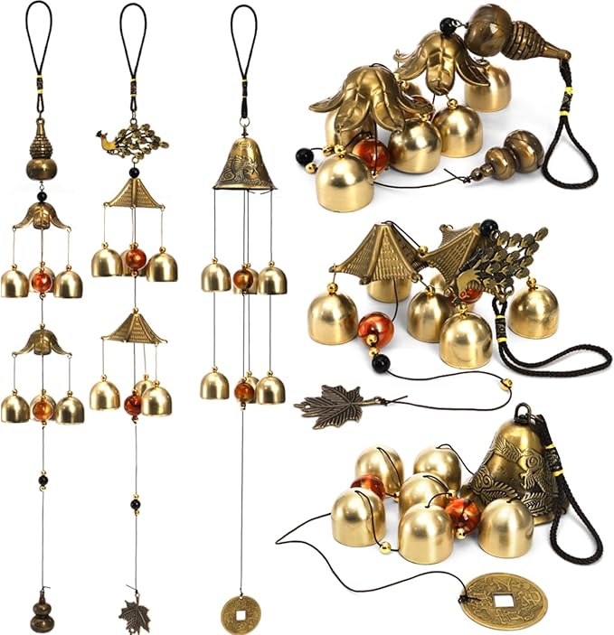 3 Packs Lucky Wind Chimes, Chinese Wind Bell, 6-Bell Vintage Hanging Bell Chimes with Gourd Dragon Peacock Coin for Good Luck Wealth Blessing, Home Garden Patio Decoration