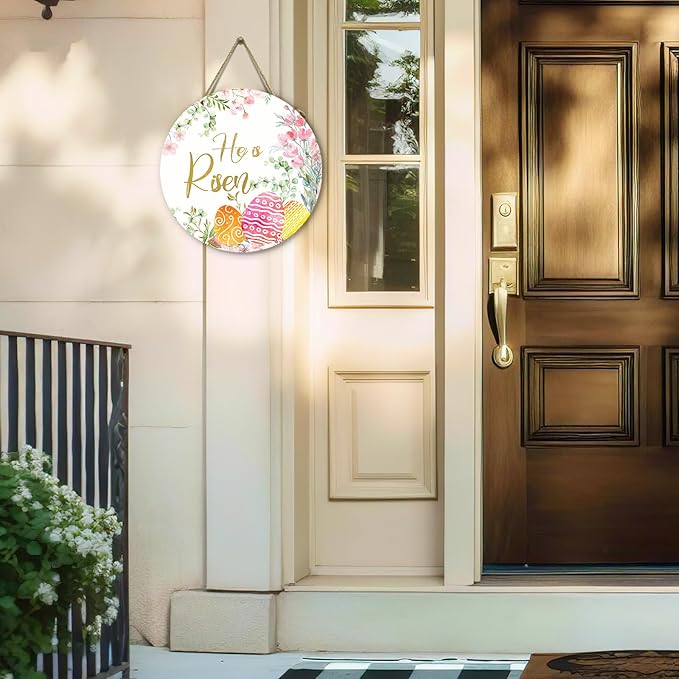 He is Risen Door Hanger Easter Religious Porch Sign Spring Floral and Eggs Door Sign for Front Door Holiday Hanging Decoration for Home Wall Outdoor