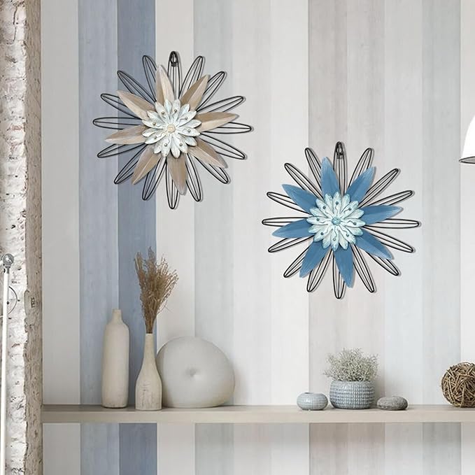 LIFFY Metal Flowers Wall Arts, 2 Pieces 3D Minimalist Flower Wall Decor for Living Room, Bedroom, Sunroom and Outdoor Spaces, Housewarming Gifts(11", blue&khaki)