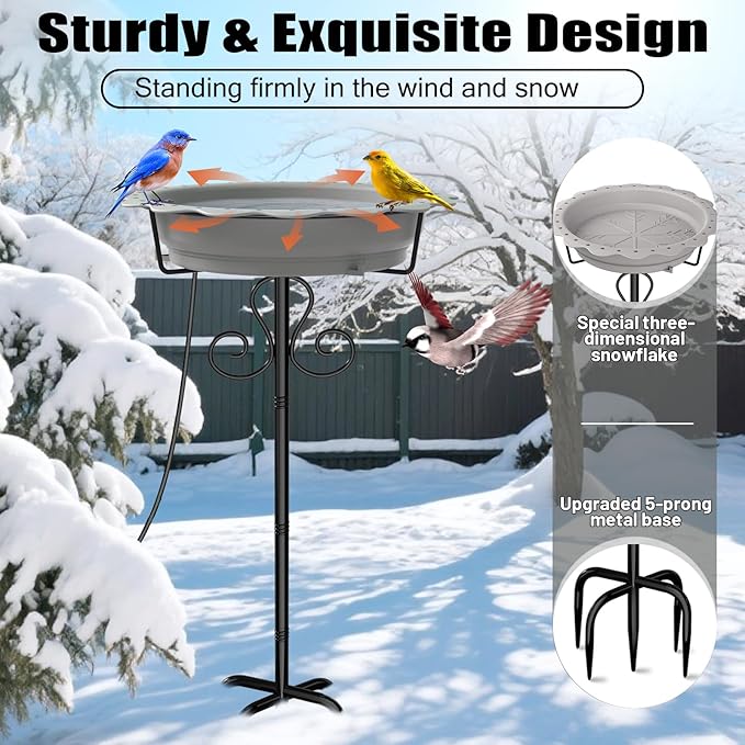 Heated Bird Baths for Outdoors, 100W Heated Birdbath Bowl for Outdoors for Winter with 5-Prong Metal Base Thermostat Control, Heated Bird Bath for Outside Winter Garden Patio Yard Lawn (Gray)