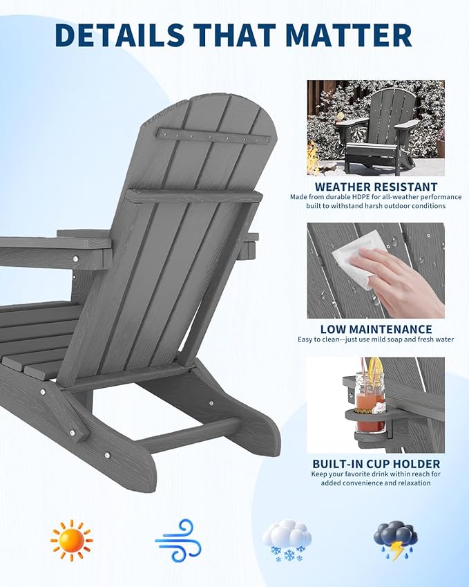 Folding Adirondack Chair Set of 2 with Ottoman, All-Weather HDPE Outdoor Chair, Wooden Textured with Cup Holder for patios, Decks, Gardens, fire pits, Grey