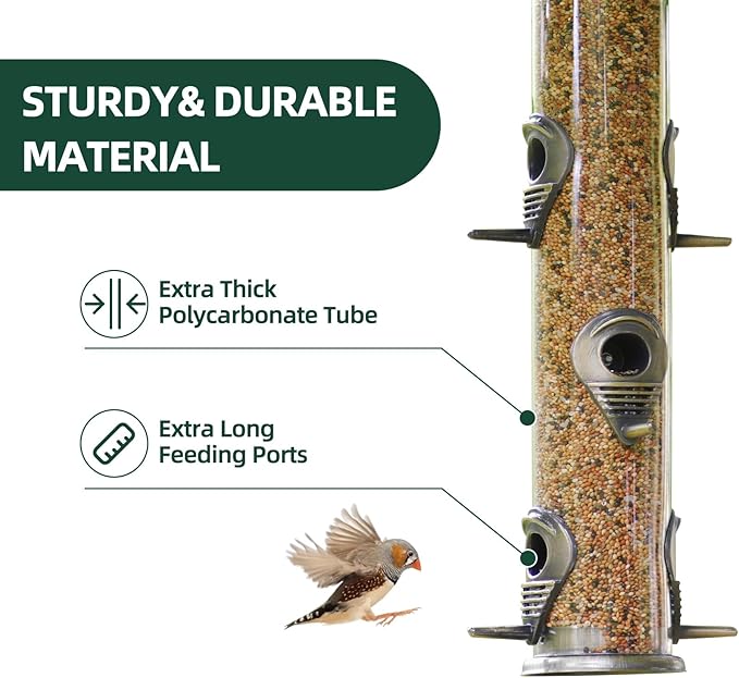 ERYTLLY Metal Bird Feeders 6 Port Tube Bird Feeder for Wild Birds, 1.4mm Extra Thick Solid Tube Transparent with Steel Squirrel Proof for Outside