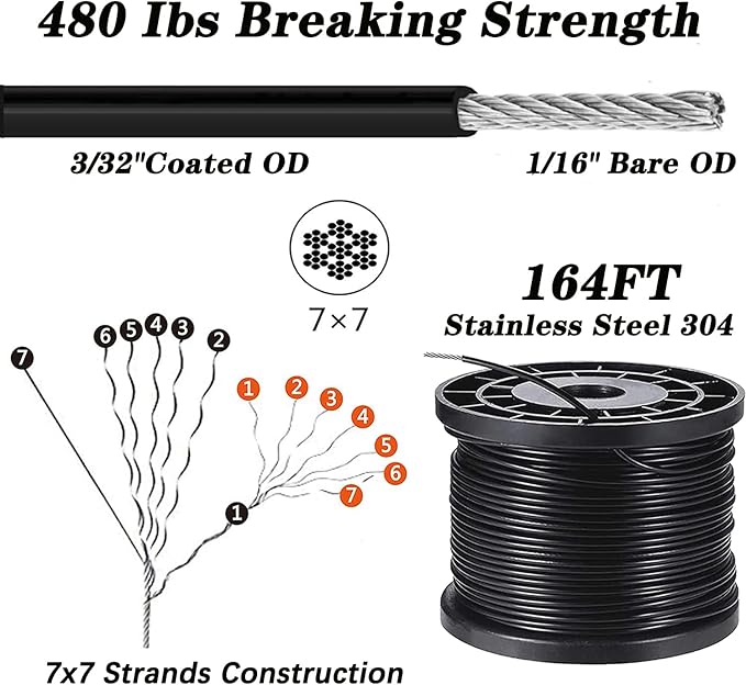 164FT Outdoor String Light Hanging Kit | Black Vinyl-Coated 304 Stainless Steel Wire Rope | Turnbuckles & Hooks | Rustproof Easy Install Set for Patio, Backyard, Garden