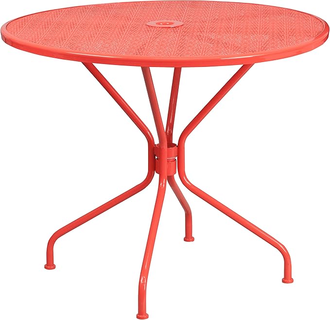 Flash Furniture Commercial Grade 35.25" Round Coral Indoor-Outdoor Steel Patio Table Set with 2 Square Back Chairs