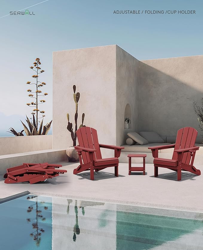 SERWALL Folding Adirondack Chair Set of 2, Adjustable Adirondack Chair with 3 Recline Positions, All Weather HDPE Outdoor Adirondack with Cup Holders, Red