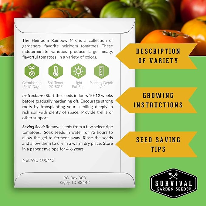 Heirloom Rainbow Mix Tomato Seeds for Planting - Colorful Heirloom Tomato Seed Variety Pack, High Yield Garden Tomatoes, Non-GMO Open Pollinated - Survival Garden Seeds (5 Pack)