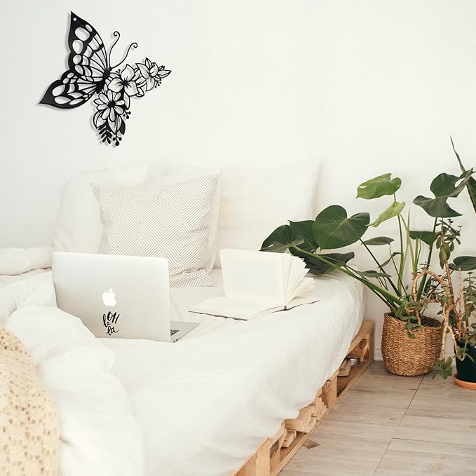 EZ4ENCE Butterfly Decoration Wall Art, Metal Hanging, Wall Home Decor, Boho, Nature Themed, Bohemian Style, for Bedroom Living Room Home Wall, Black, Large