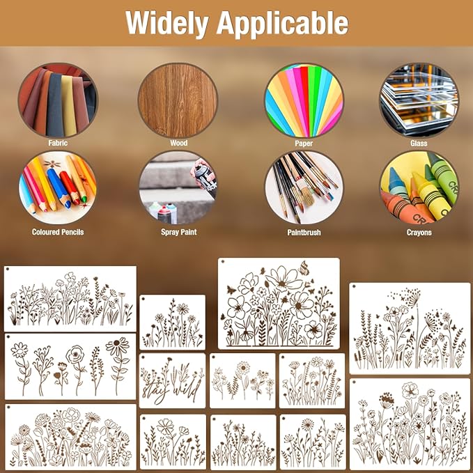CeeVian Flower Stencils 13 PCS Wildflower Stencils Reusable Template DIY Flower Painting Stencil Floral Stencil for Painting for Painting on Wood Furniture Card Canvas Paper Scrapbook Christmas Gifts