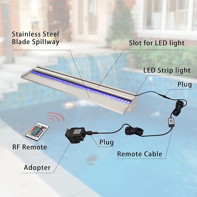 PONDO Pool Waterfall 36" APP with 16 Colors LED Lights, Stainless Steel Pond Fountain Set for Outdoor Decorations, Patio Waterfall Spillway Kit on The Wall for Garden, Easy Installation