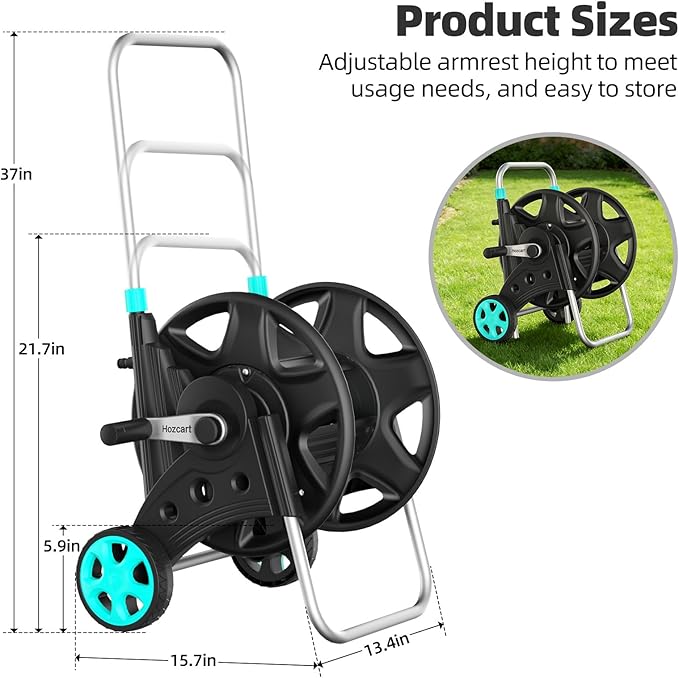 Garden Hose Reel for Outside,Hold Up to 100-120 ft of 5/8’’ Hose,Metal Hose Reel Cart with Adjustable Armrests and 2 Wheels,Durable Water Hose Holder for Garden, Yard, Lawn