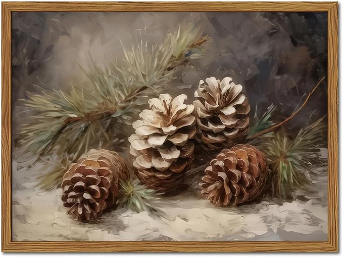 Framed Vintage Christmas Canvas Wall Art, Pine Cones Wall Decor Paintings, Winter Holiday Aesthetic Pictures Prints Rustic Home Decor for Living Room Bedroom Farmhouse 12×16 inch