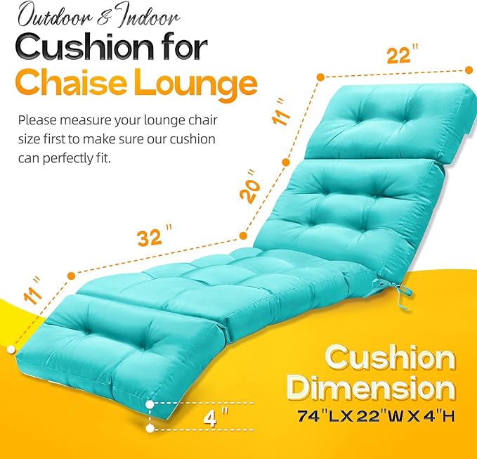 MAGIC ELEPHANT Chaise Lounge Cushion Outdoor, Memory Foam Patio Lounge Chair Cushion with Ties for Indoor Outdoor Furniture, Water-Repellent Replacement Long Chair Cushion (Turquoise)